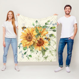 ヒマワリとミツバチ フリースブランケット