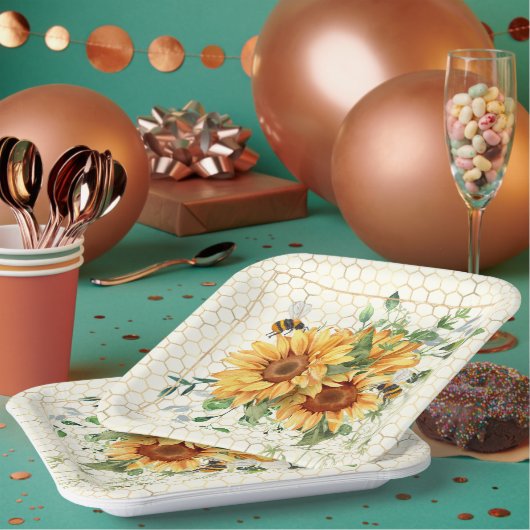 ヒマワリとミツバチ ペーパープレート (複数)