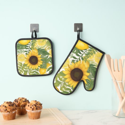 ヒマワリとレモン水彩 鍋つかみ&鍋敷きセット (インサイチュ (吊り下げ))