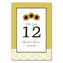 ヒマワリとヴィンテージ結婚レースのテーブル番号。 テーブルナンバー