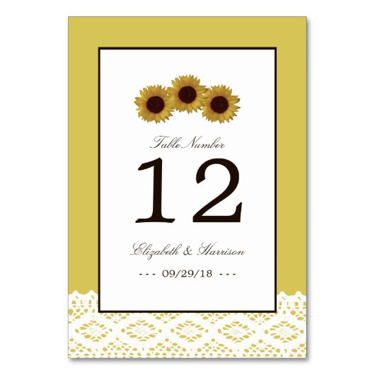 ヒマワリとヴィンテージ結婚レースのテーブル番号。 テーブルナンバー (正面)