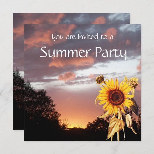 ヒマワリと夏の夕焼けのラスティックウェディングパーティー 招待状 (正面/裏面)