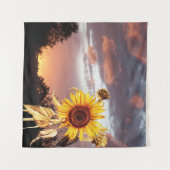 ヒマワリと夏の夕焼け ピンクの雲 タペストリー (正面(横))