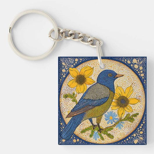 🌻 ヒマワリと小鳥 ナチュラルギフト 鳥好き キーホルダー (正面)