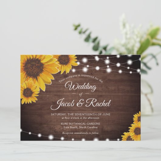 ヒマワリと弦の光が木の素朴上結婚に 招待状 (スタンド正面)