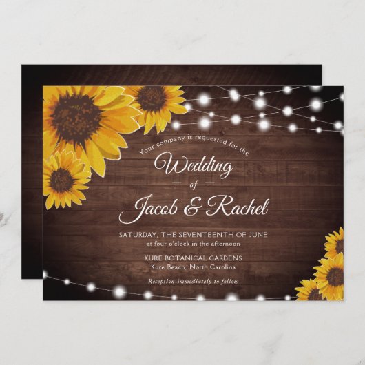 ヒマワリと弦の光が木の素朴上結婚に 招待状 (正面/裏面)
