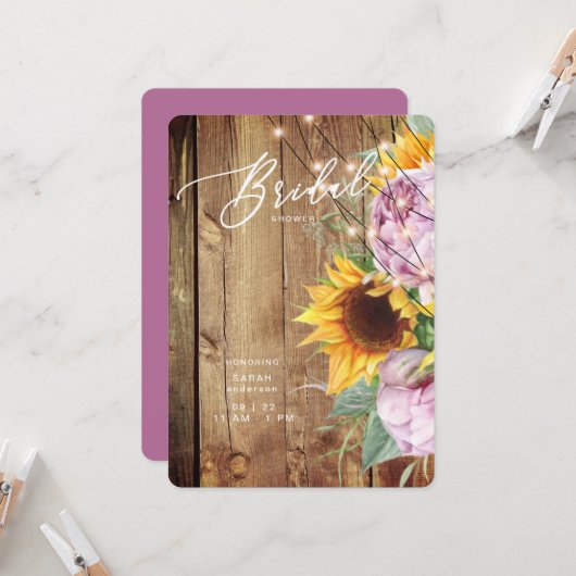 ヒマワリと明るい赤紫色素朴丸ブライダルシャワー 招待状 (正面/裏面インサイチュ)