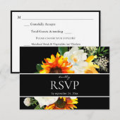 ヒマワリと白アートフローラと食事 – 黒 出欠カード (正面/裏面)