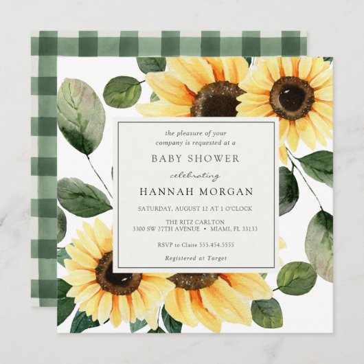 ヒマワリと緑のベビーシャワー招待状 招待状 (正面/裏面)