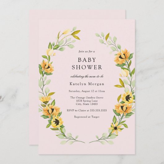 ヒマワリと緑のリースベイビーシャワーインビタティ 招待状 (正面/裏面)