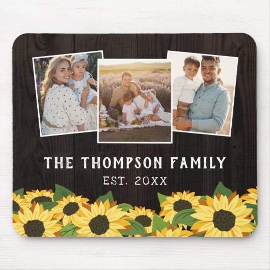 ヒマワリと茶色の木のファミリーフォトコラージュ マウスパッド (正面)