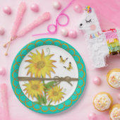 ヒマワリと蝶がうろこ縁どいた ペーパープレート (パーティー)