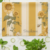 ヒマワリと蝶の黄色ストライプい花(2) キッチンタオル (折り畳み)