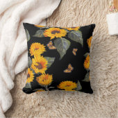ヒマワリと蝶:水彩ブラックバックグロ クッション (ブランケット)