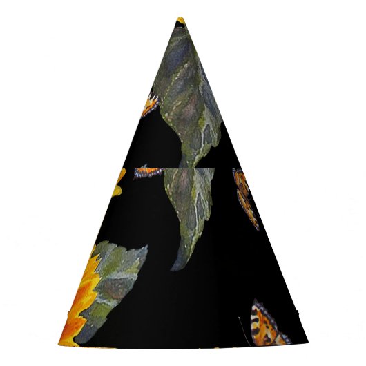 ヒマワリと蝶：水彩ブラックバックグロ パーティーハット (正面)