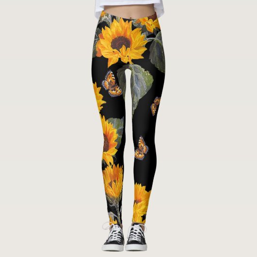 ヒマワリと蝶:水彩ブラックバックグロ レギンス (正面)
