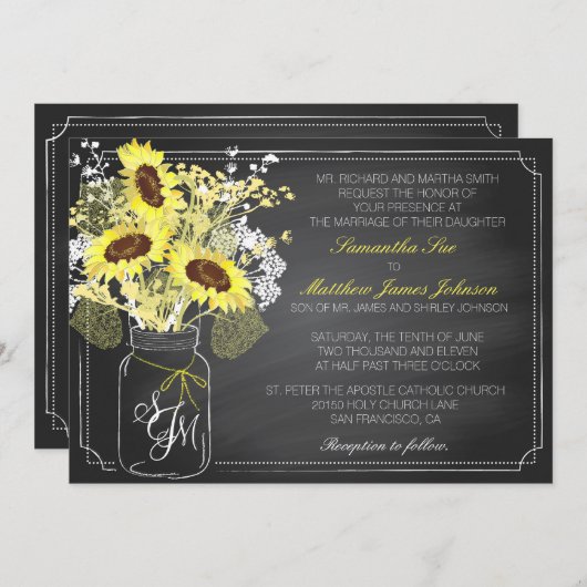 ヒマワリと黒板結婚式招待状カード 招待状 (正面/裏面)