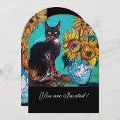 ヒマワリと黒猫のブルーティール(緑がかった色)夏パーティー 招待状 (正面/裏面)