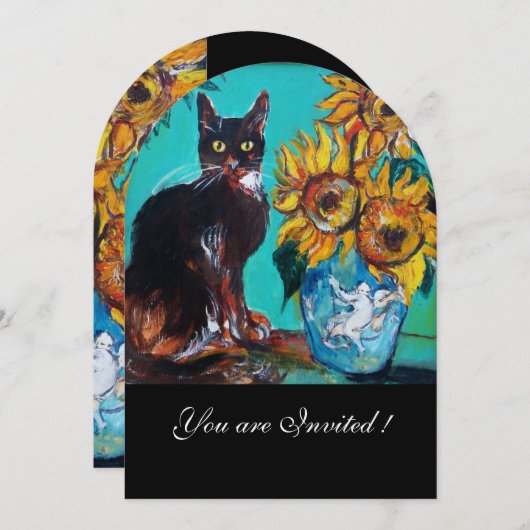 ヒマワリと黒猫のブルーティール（緑がかった色）夏パーティー 招待状 (正面/裏面)