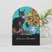 ヒマワリと黒猫のブルーティール(緑がかった色)夏パーティー 招待状 (スタンド正面)