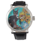 ヒマワリと黒猫イエローターコイズブルー 腕時計 (正面)