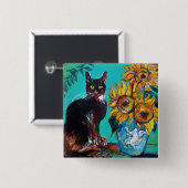ヒマワリと黒猫、黄色のターコイズブルー 缶バッジ (正面&裏面)