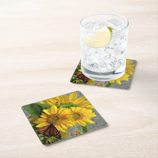 ヒマワリと（昆虫）オオカバマダラ、モナークバタフライコースター スクエアペーパーコースター (インサイチュ)