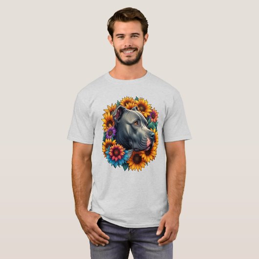 ヒマワリに囲まれた犬の鮮やかポートレート Tシャツ (正面フル)