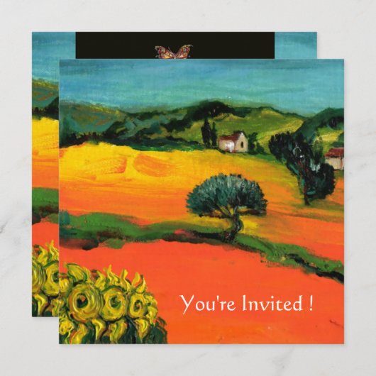 ヒマワリのオレンジ色の黒いトスカーナの風景 招待状 (正面/裏面)