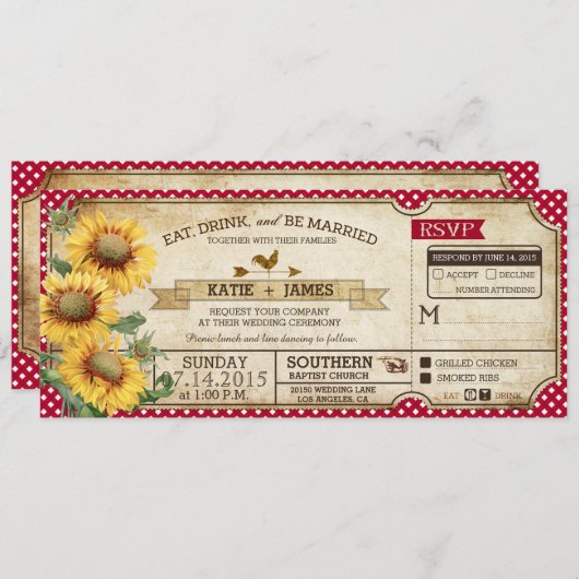 ヒマワリのギンガムの点検の国のピクニック結婚式 招待状 (正面/裏面)