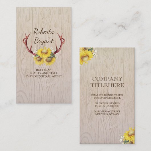 ヒマワリのシカの(雄ジカの)枝角の素朴な国の花柄木 名刺 (正面/裏面)