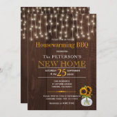 ヒマワリのストリングライト秋の引っ越し祝いパーティーbbq 招待状 (正面/裏面)