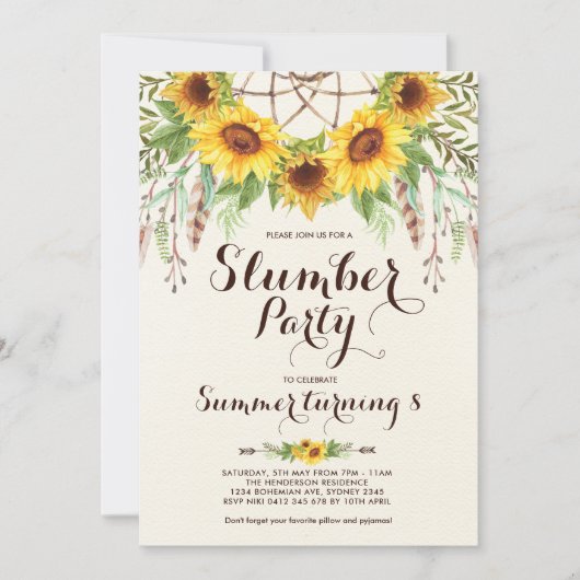 ヒマワリのスランバー・パーティーのBohoのSleepoverの誕生日 招待状 (正面)