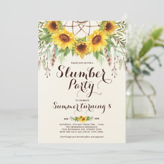 ヒマワリのスランバー・パーティーのBohoのSleepoverの誕生日 招待状 (スタンド正面)