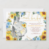 ヒマワリのゾウさん ブルーローズ グリーンリース ベビーシャワー 招待状 (正面)