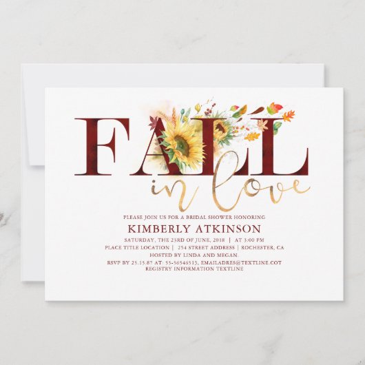 ヒマワリのバーガンディの上品のブライダルシャワーは恋に落ちます 招待状 (正面)