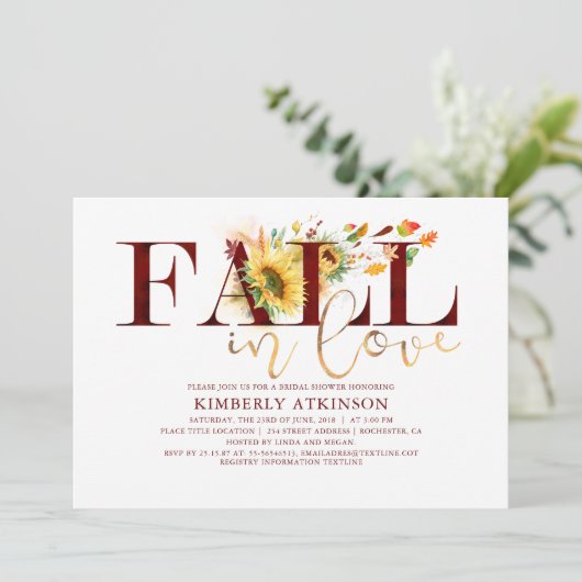 ヒマワリのバーガンディの上品のブライダルシャワーは恋に落ちます 招待状 (スタンド正面)