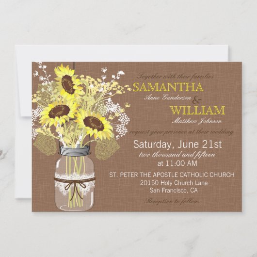 ヒマワリのバーラップの素朴な結婚式招待状カード 招待状 (正面)