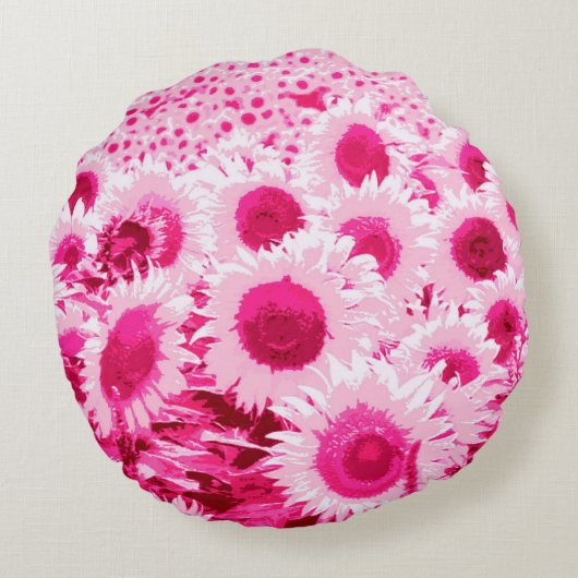 ヒマワリのフィールド – 明るい赤紫色ピンク ラウンドクッション (裏面)