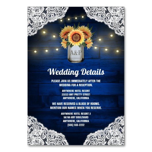 ヒマワリのメイスンジャーブルー結婚ウッドのインサートカード テーブルナンバー (正面)