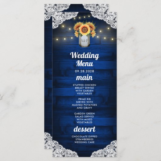 ヒマワリのメイソンジャールウッドレース結婚のメニューカード メニュー (正面/裏面)