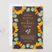 ヒマワリのユーカリの緑の素朴な木結婚の 招待状 (正面)