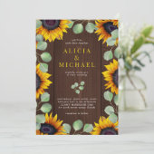 ヒマワリのユーカリの緑の素朴な木結婚の 招待状 (スタンド正面)