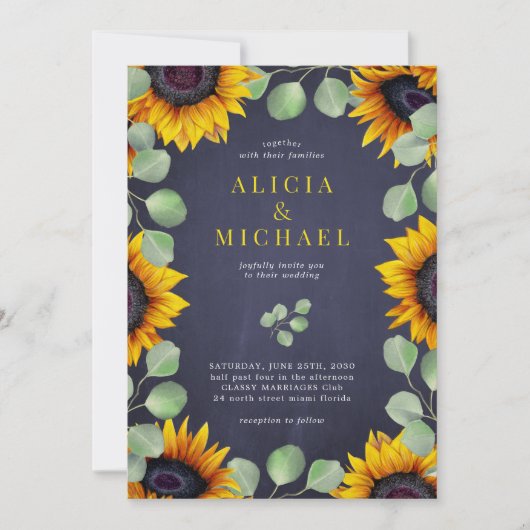 ヒマワリのユーカリの緑の素朴な海軍結婚の 招待状 (正面)