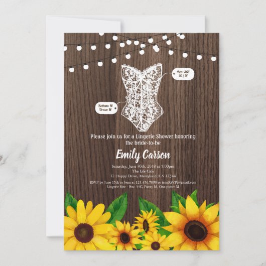 ヒマワリのランジェリーのシャワーの招待の素朴な木 招待状 (正面)