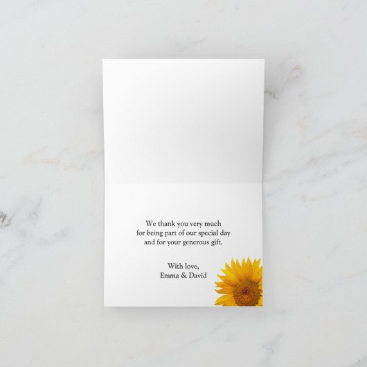 ヒマワリのワインバレルの国の結婚式は感謝していしています サンキューカード (内部)
