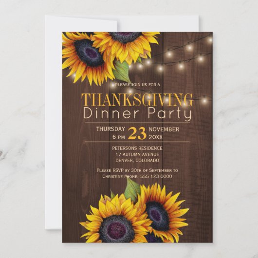 ヒマワリの光ひまわり素朴な感謝祭パーティー 招待状 (正面)