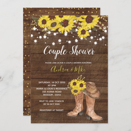 ヒマワリの国のブーツのカップル 招待状 (正面/裏面)