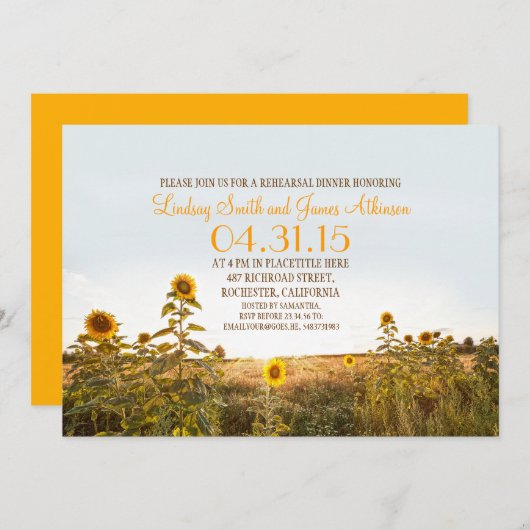 ヒマワリの国の素朴なリハーサルの夕食の招待 招待状 (正面/裏面)