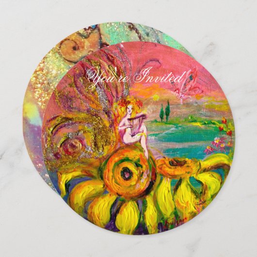 ヒマワリの妖精の黄色いピンクの輝き 招待状 (正面/裏面)